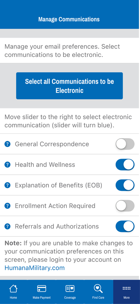 The communication preferences screen in the TRICARE East app showing toggles for electronic notifications like health wellness and explanation of benefits.