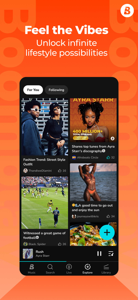 Boomplay app explore tab showcasing a social feed with lifestyle content, fashion trends, and music highlights.