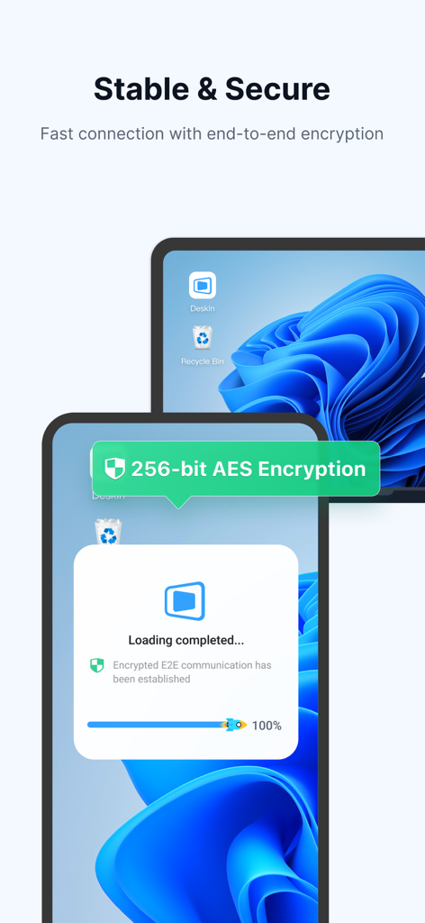 DeskIn Remote Desktop - Interface de l'application DeskIn montrant le chiffrement de bout en bout AES 256 bits pour un accès à distance sécurisé sur plusieurs appareils