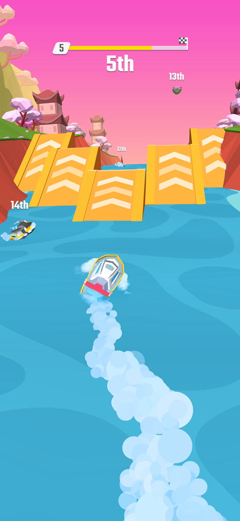 Gameplay of a boat racing on water towards yellow ramps in a colorful landscape
