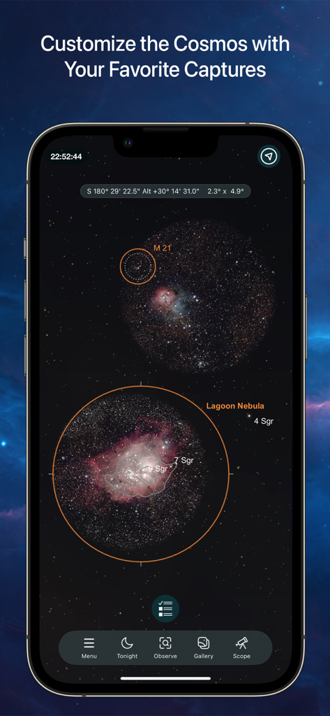 SkySafari 8 Plus - SkySafari 8 Plus interface showing user astrophotography captures of the Lagoon Nebula and M21 on the star map