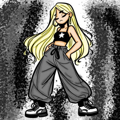 girl in baggy pants crop top and long hair