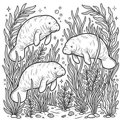 Explore the tranquil beauty of the ocean's gentle giants with this captivating coloring page featuring manatees peacefully foraging in lush seagrass beds. This intricate design invites you to unwind and unleash your creativity, bringing an underwater haven to vibrant life.