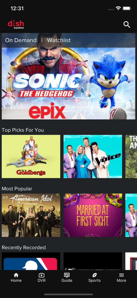 DISH Anywhere - Pantalla de inicio de la aplicación móvil DISH Anywhere que muestra películas On Demand y programas de TV populares