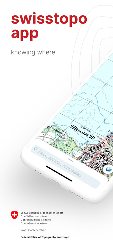 swisstopo - Écran de smartphone montrant l'interface de l'application swisstopo avec une carte topographique détaillée de la Suisse
