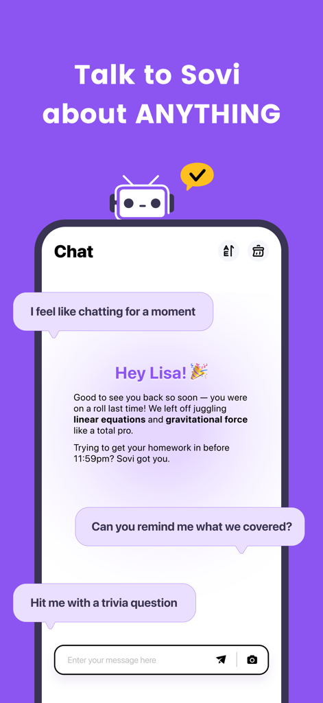 Sovi.AI - AI Math Tutor - Mobile app screenshot of Sovi AI chat showing a personalized study conversation with a student about linear equations.