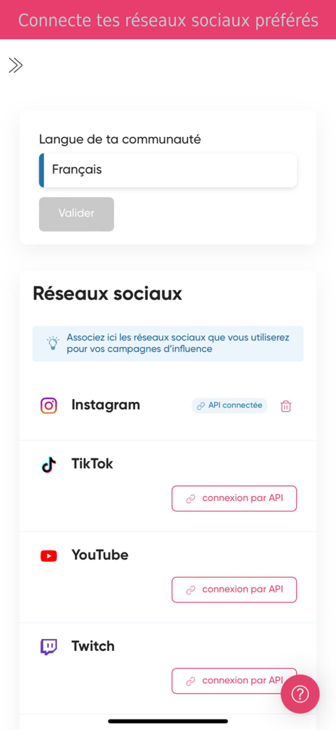 Influence4You app screen for connecting social media accounts including Instagram TikTok and YouTube