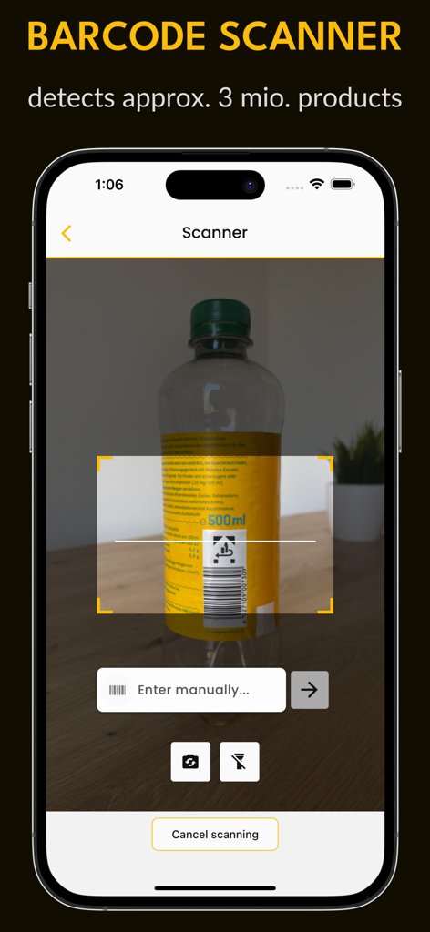 Smantry: Smart pantry - Smantry app barcode scanner interface scanning a plastic bottle for inventory management