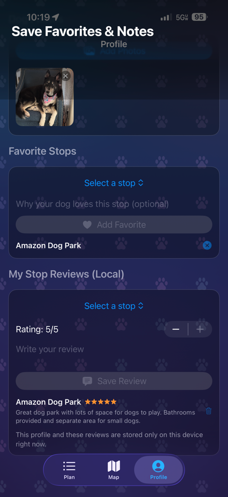 PetStop: Dog Road Trip Planner - Mobile app interface showing the user profile with saved favorite dog parks and personal reviews for a pet-friendly road trip planner.