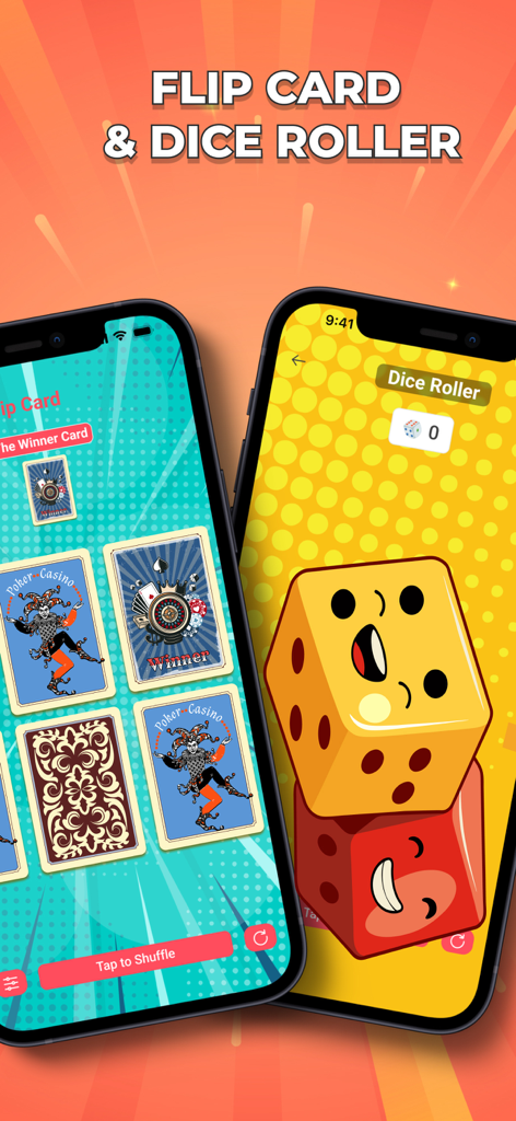 Spin The Wheel - Number Picker - Two phone screens displaying the Flip Card game and a Dice Roller with animated characters from the Spin The Wheel app.