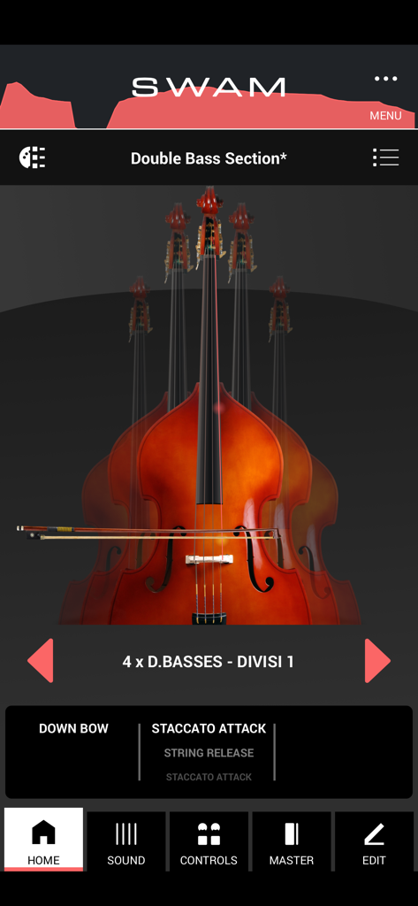 SWAM Double Bass Section - Interface of the SWAM Double Bass Section iOS app showing a virtual instrument display and performance controls.