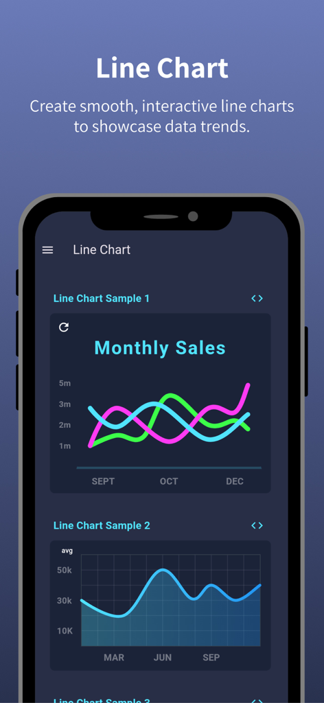 FL Chart - Smartphone screen showing line chart samples in the FL Chart app