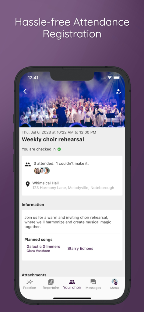 ChoirMate app screen showing attendance registration and rehearsal details for a choir group