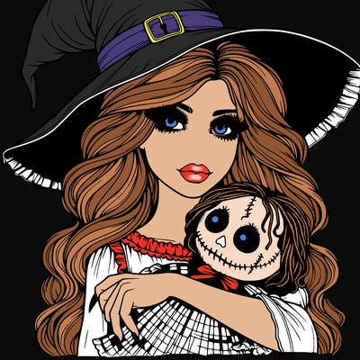 realistic beautiful witch halloween holding spooky doll