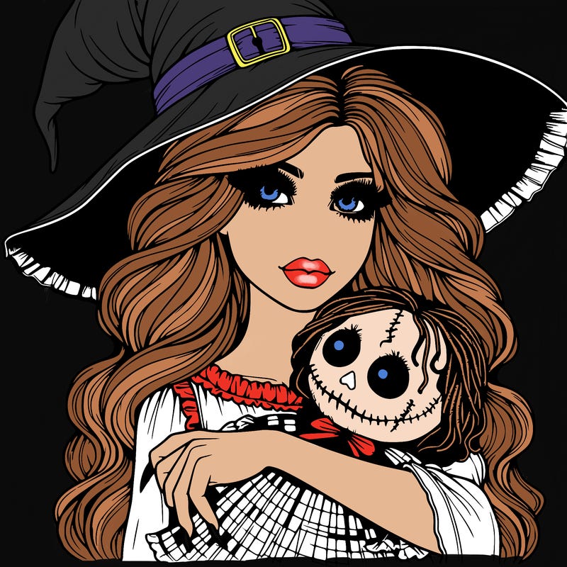 realistic beautiful witch halloween holding spooky doll