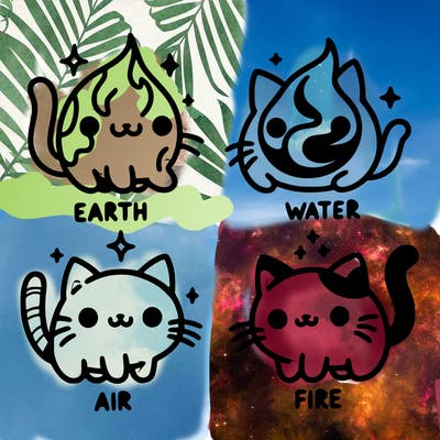 4 cats that represent the different elements, earth, water, air, and fire