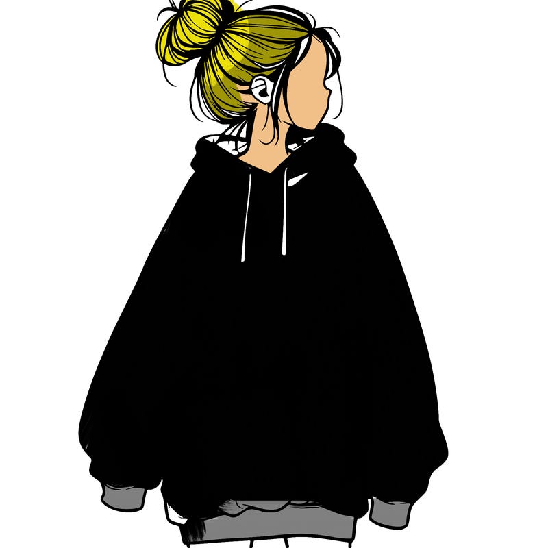 realistic girl with a oversized sweatshirt on and a bun