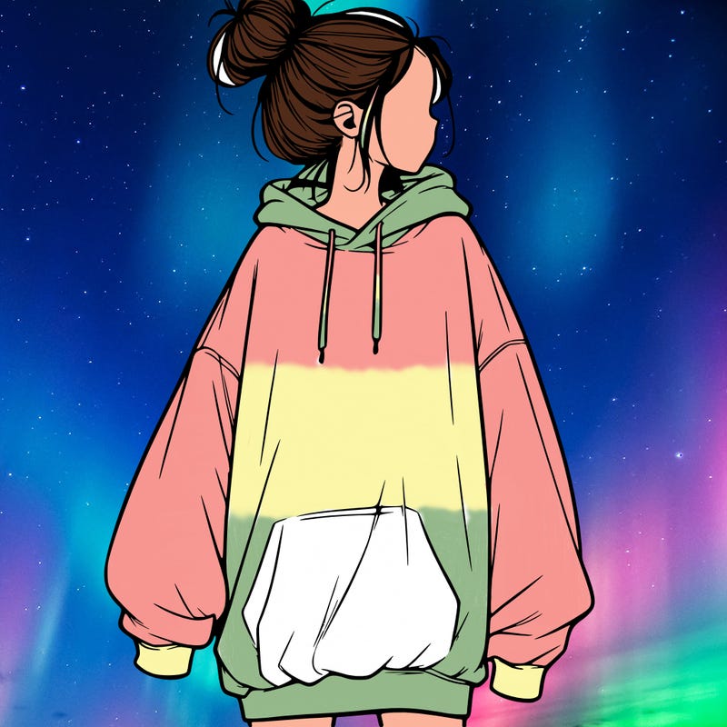 realistic girl with a oversized sweatshirt on and a bun