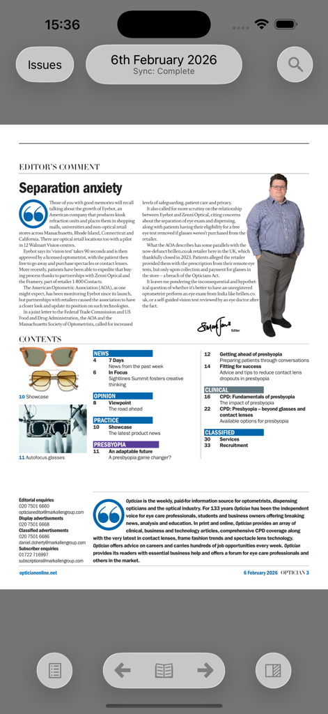 Digitale Benutzeroberfläche des Optician Magazine, die das Inhaltsverzeichnis und klinische Artikel für Augenärzte anzeigt.