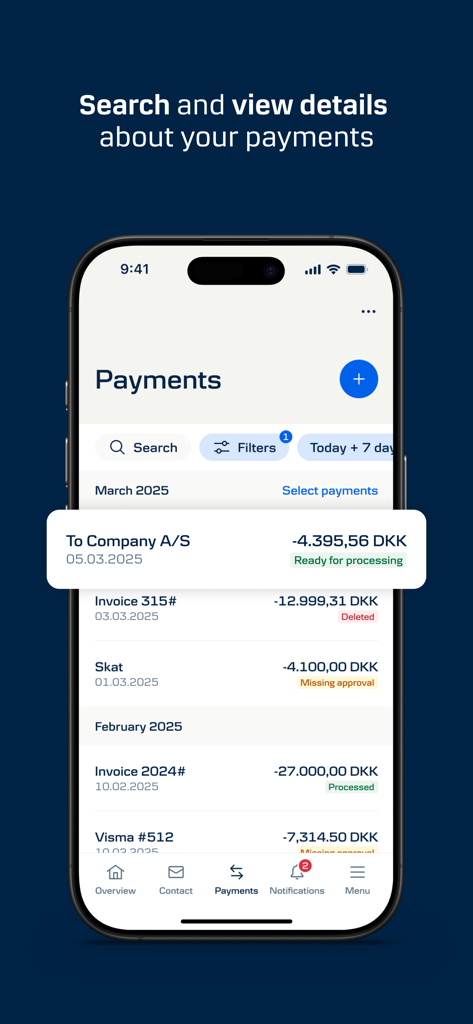 Liste des paiements de l'application District Mobile de Danske Bank affichant les détails de la transaction et le statut de traitement.