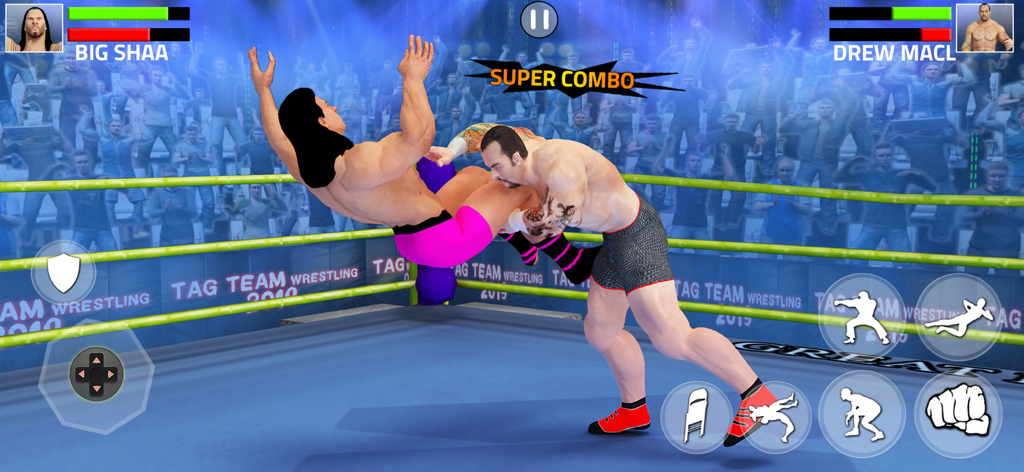 Two 3D wrestlers performing a combat move in a ring with super combo text displayed