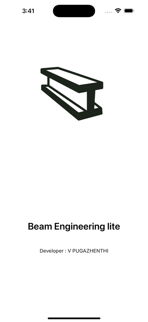 Splash screen for the Beam Engineering lite app featuring an I-beam icon and the developer name.