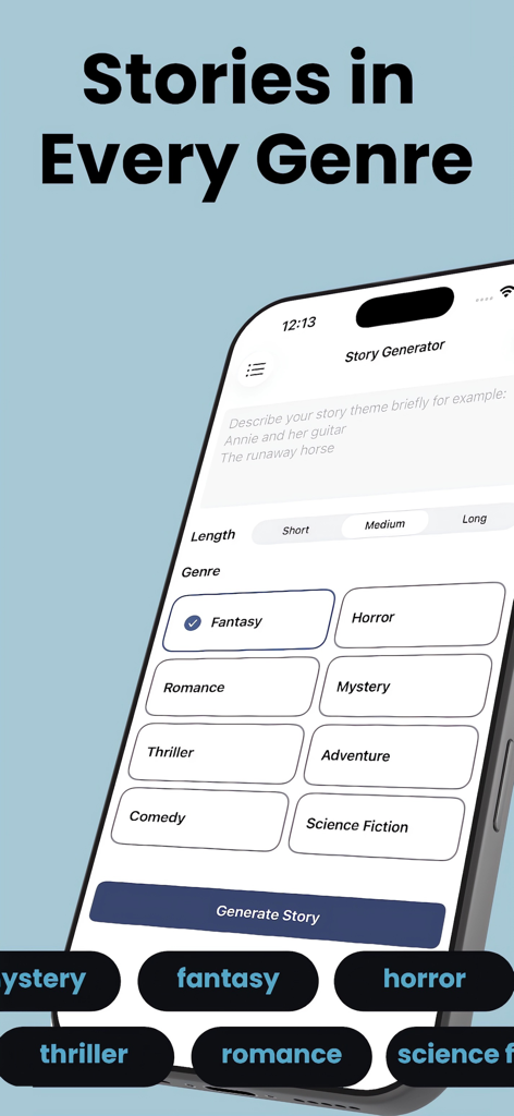 Story Generator - StoryMaker - Interface of the StoryMaker app showing various story genres including Fantasy and Horror for AI story generation.