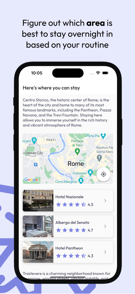 viaggIA 앱 스크린샷으로 로마의 AI 호텔 추천 및 동네 가이드를 보여줍니다.
