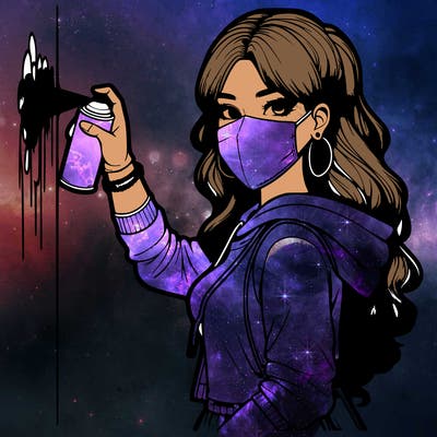 realistic girl with mask spray painting a wall