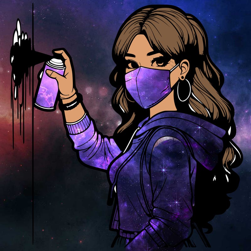 realistic girl with mask spray painting a wall