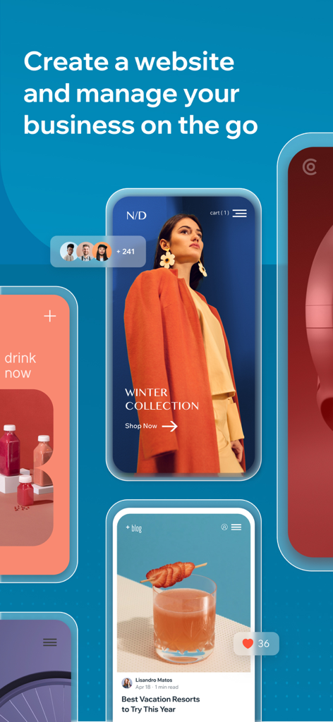 A Wix mobile app interface displaying professional website templates for fashion boutiques and lifestyle blogs with a focus on business management on the go