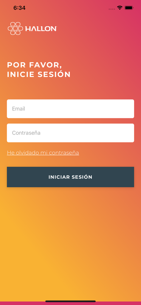 Pantalla de inicio de sesión de la aplicación Hallon con campos de entrada de correo electrónico y contraseña y un botón de inicio de sesión
