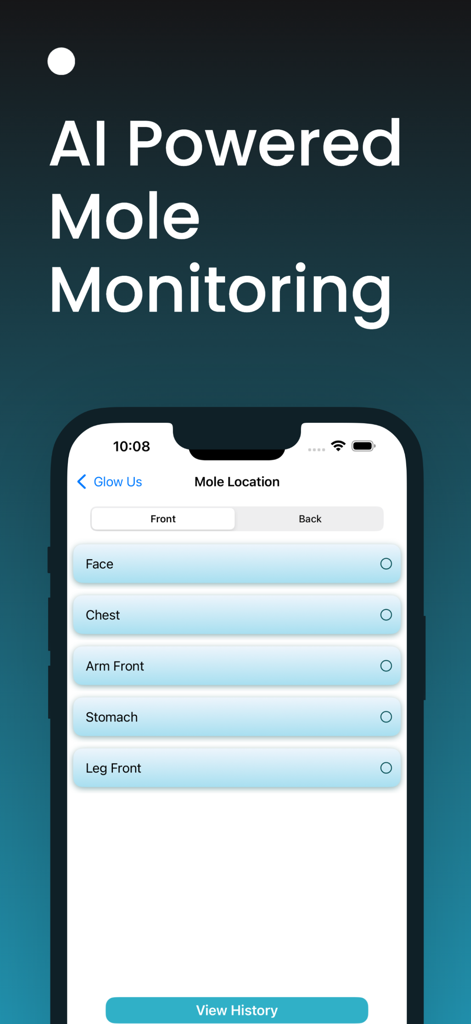 AI Skin Scanner: Skincare Time - A mobile app screen titled Mole Location showing options to track skin spots on the face chest arms stomach and legs as part of AI powered mole monitoring