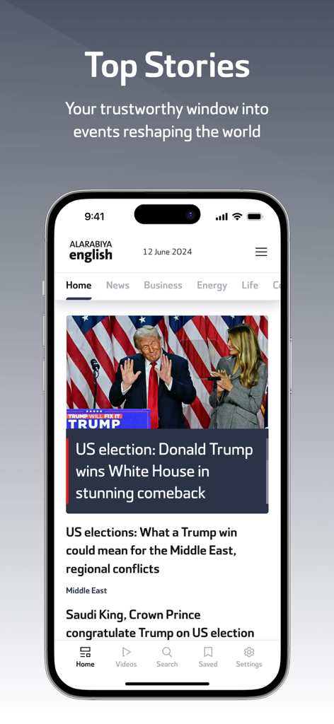 Al Arabiya English mobile app interface displaying a news home screen with top global stories and categories.
