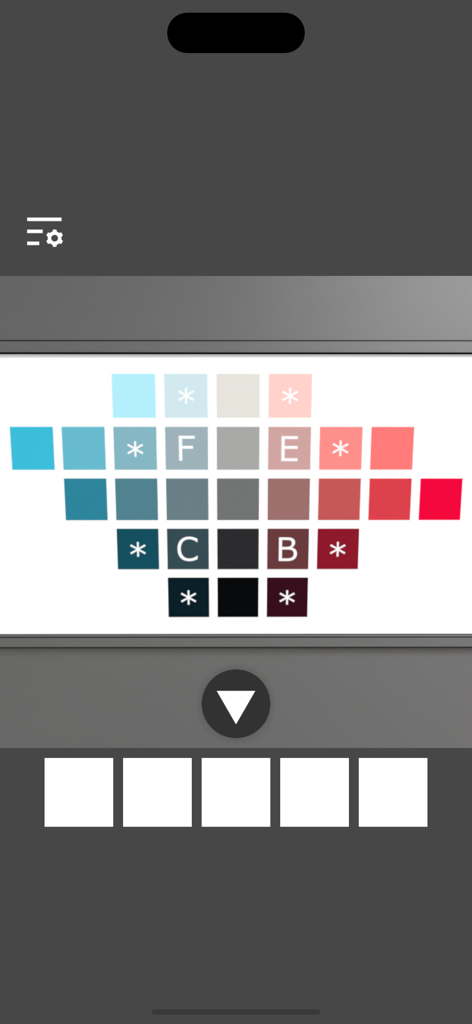 Un puzle de lógica en Escape de la Sala de Pintura con una cuadrícula de muestras de color azul, gris y rojo con letras y asteriscos.