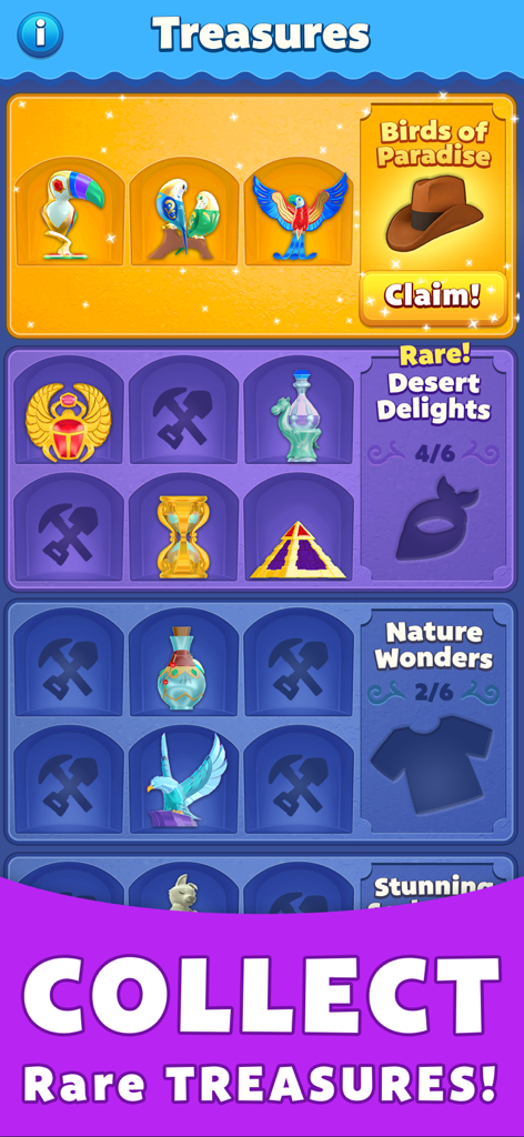 In-game menu showing a collection of rare treasures and rewards in Treasure Party.