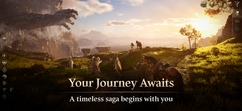 Legend of YMIR - Um grupo de aventureiros e cavalos em uma paisagem verde cênica com uma mão de pedra gigante ao fundo