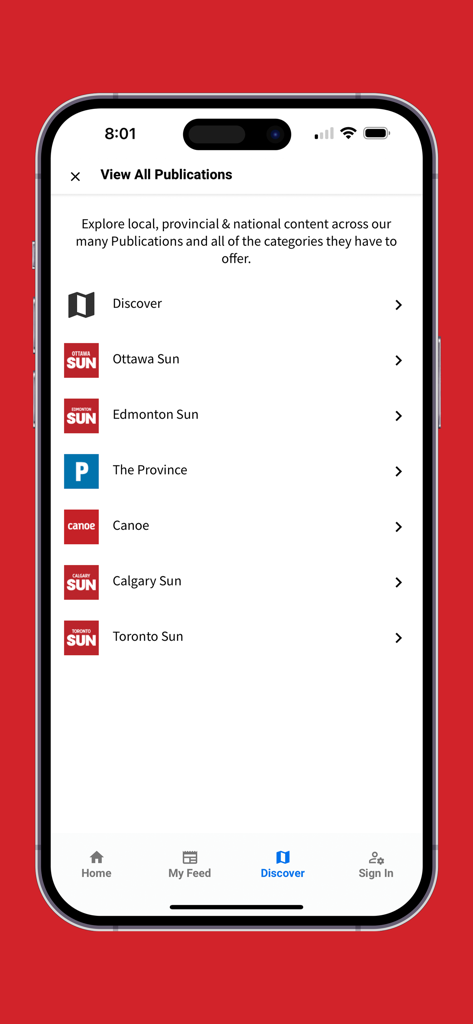Toronto Sun - List of news publications in the Toronto Sun app discover section