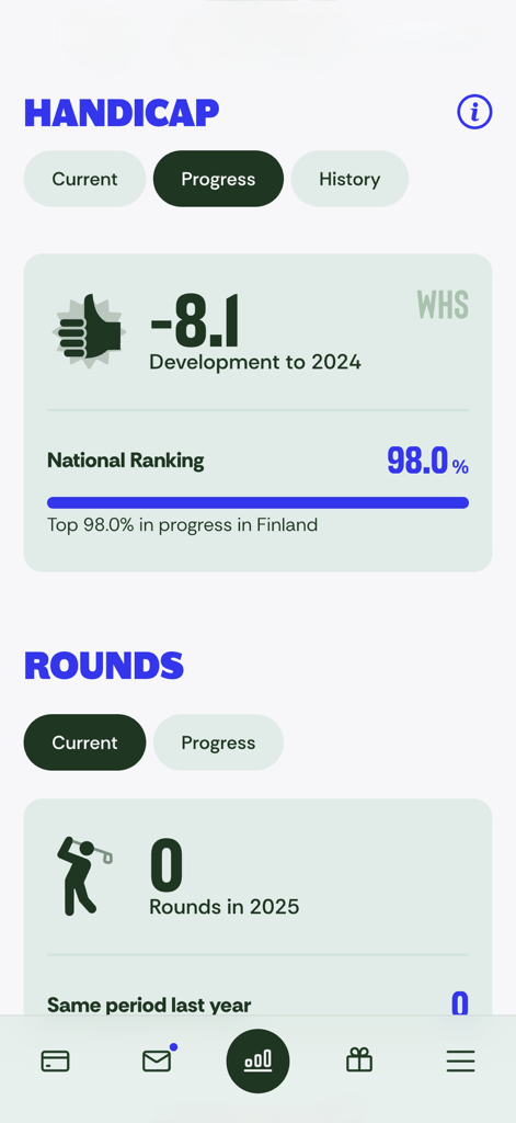 eBirdie - eBirdie app dashboard showing handicap progress national ranking and rounds played statistics