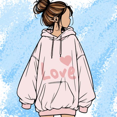 realistic girl with a oversized sweatshirt on and a bun