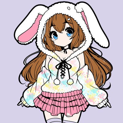 pretty anime girl wearing a fluffy hoodie with bunny ears on the hood and a skirt