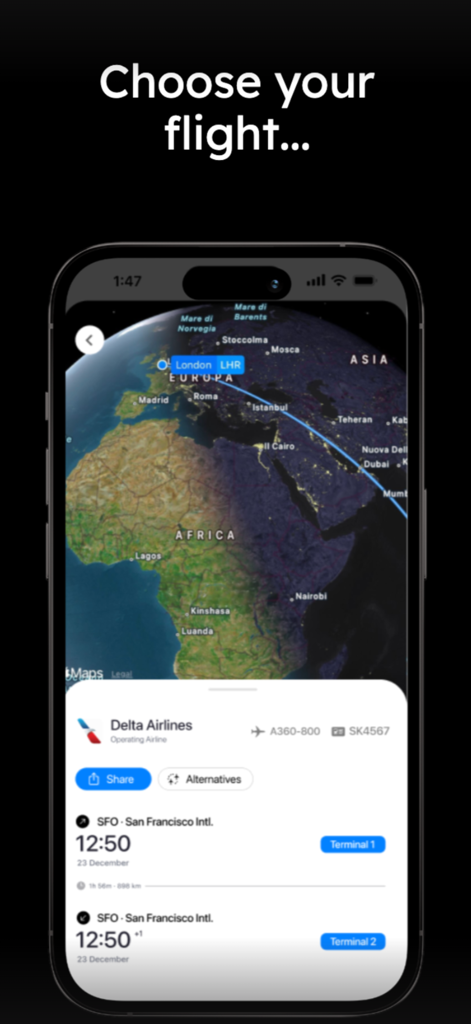 Smartrip AI - Smartrip AI App-Bildschirm, der die Flugauswahl mit einer Weltkarte und Details zu Delta Airlines anzeigt