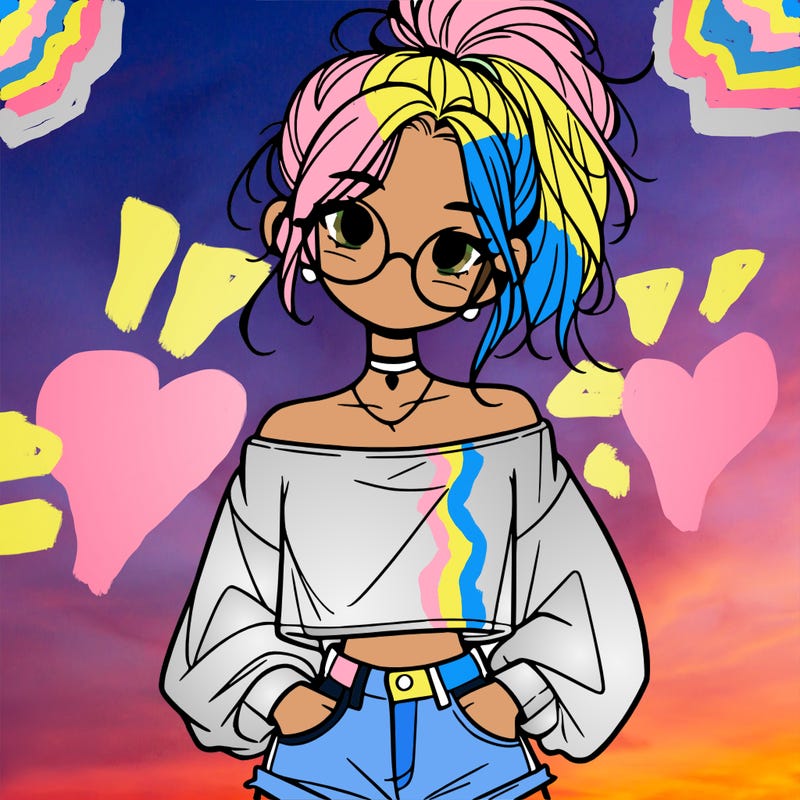 girl with a messy ponytail glasses a baggy crop top and jean shorts