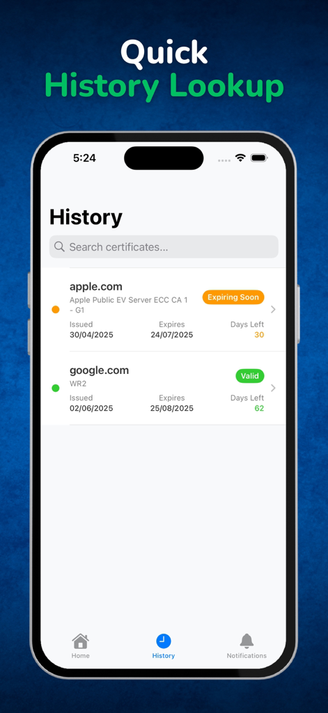 Interface do aplicativo móvel exibindo uma lista de histórico de verificações de certificado SSL para sites, incluindo status e datas de expiração