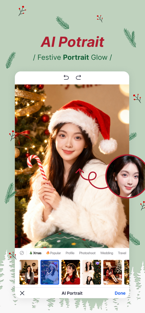 SnapEdit app interface showing the AI Portrait feature with a Christmas theme