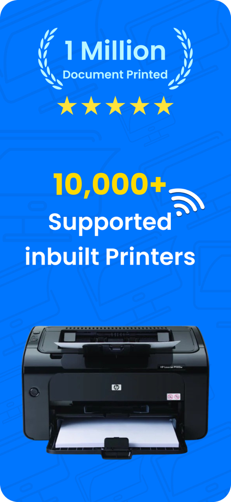 Smart Printer・Print & Scan - Banner de la aplicación Smart Printer mostrando soporte para más de diez mil impresoras inalámbricas y un millón de documentos impresos