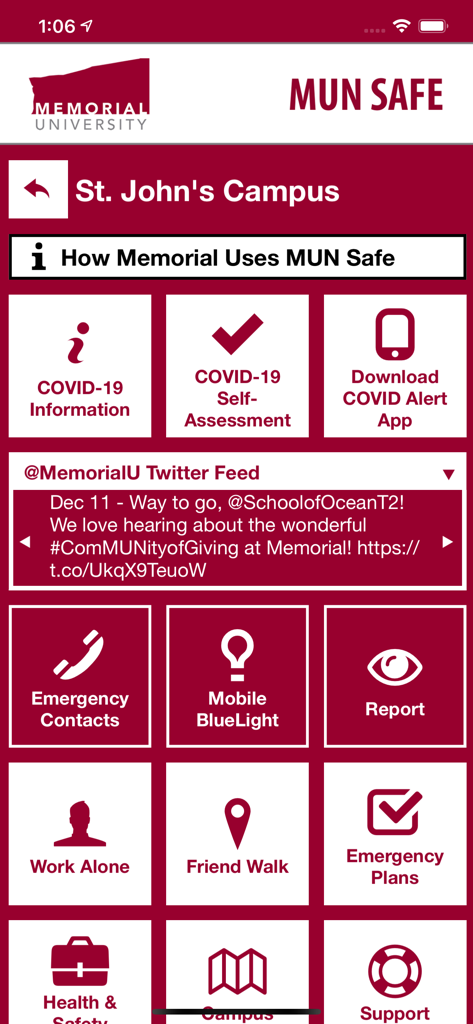 MUN Safe - Interface of the MUN Safe mobile app showing emergency contacts and safety features for Memorial University.