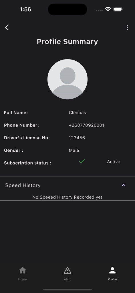 ROSMA - Profile summary screen for the ROSMA road safety app showing driver details and active subscription status