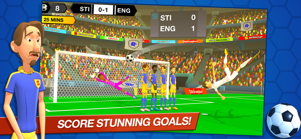 Stick Soccer 2 - A player performing a bicycle kick to score a goal in Stick Soccer 2 arcade game.