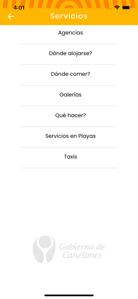 Turismo Canelones - Uma tela de menu do aplicativo Turismo Canelones exibindo categorias de serviços de viagem como onde se hospedar, onde comer e serviços de praia.